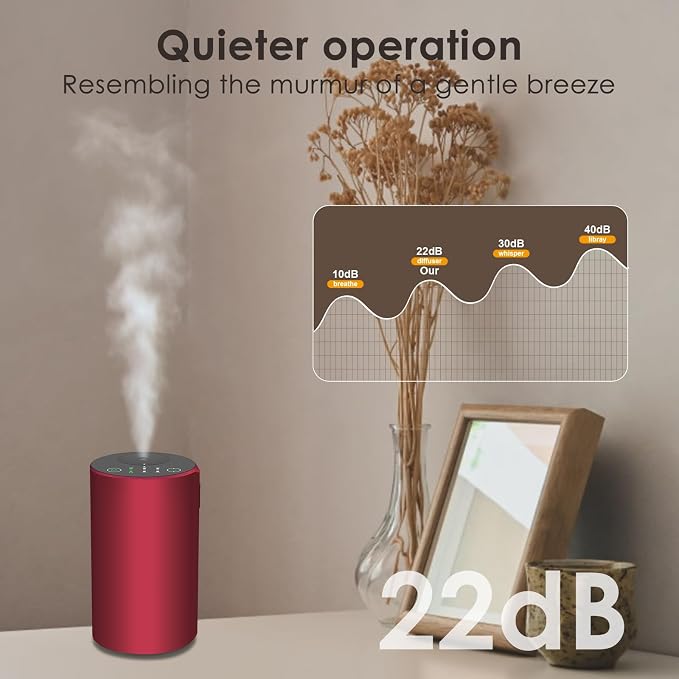 Waterless Essential Oil Diffuser, 7 Colors LED Light, Battery Powered Mini Scent Air Machine, Aromatherapy Mist Diffuser for Home Room Car Office，Black Aluminum Alloy (Red)