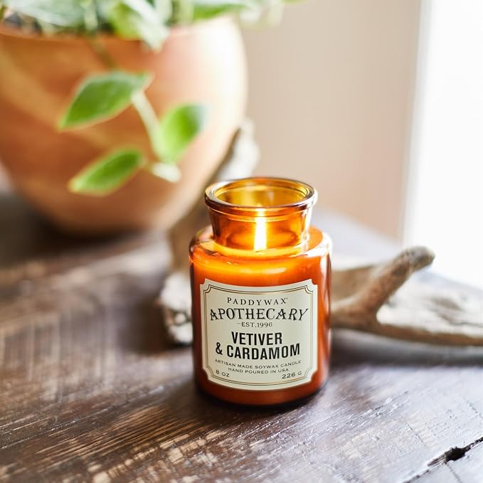 Paddywax Artisan Apothecary Scented Candle with Lid in Reusable Glass Jar, Clean-Burn Soy Candle with Approx. 54 Hour Burn Time, Vetiver & Cardamom, 8 oz.