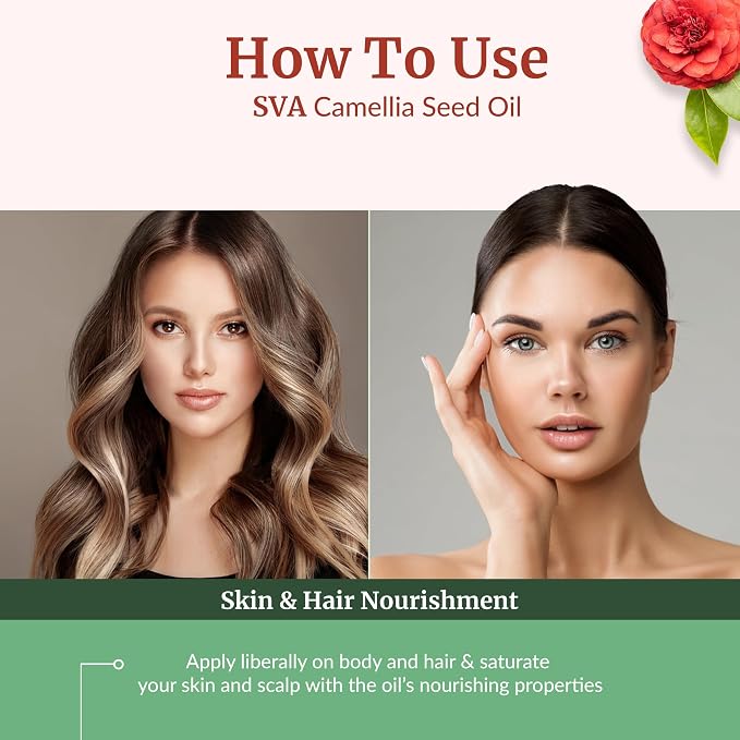 SVA Camellia Seed Oil Organic - 4 Fl Oz – 100% Natural Cold Pressed Organic Camellia Oil - for Face, Skin Care, Hair Care, Scalp Massage & Body Massage – Carrier Oil with Dropper
