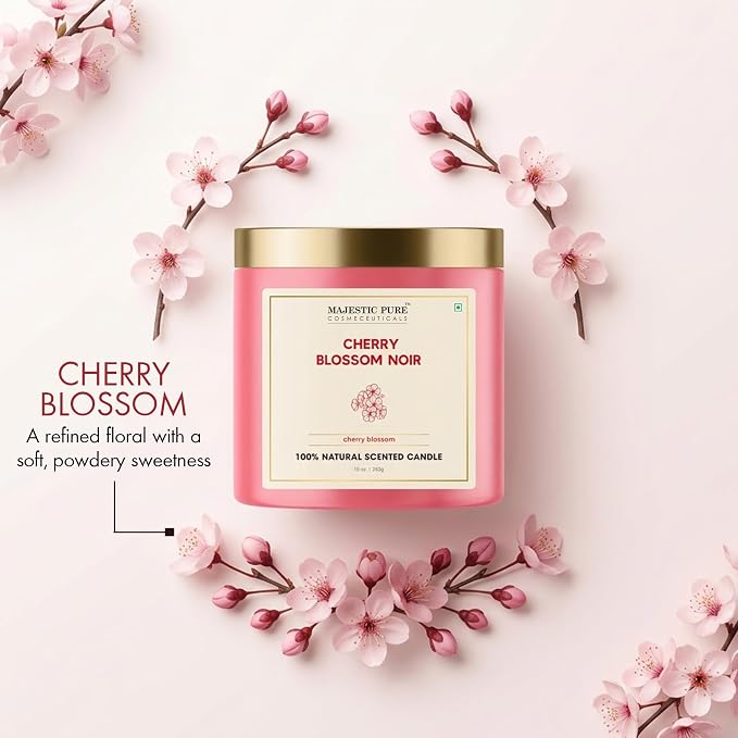 Majestic Pure Candle Cherry Blossom, Natural Scented, 10oz | Large Jar, 45+ Hours Burn Time, Giftable