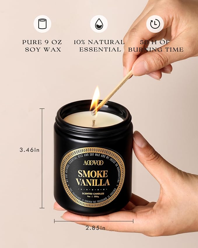 AOOVOO Scented Candles for Men - Smoke & Vanilla Candles for Home Scented | Soy Candles | Strong Fragranced Masculine Black Candle Gift for Women & Men, 9oz