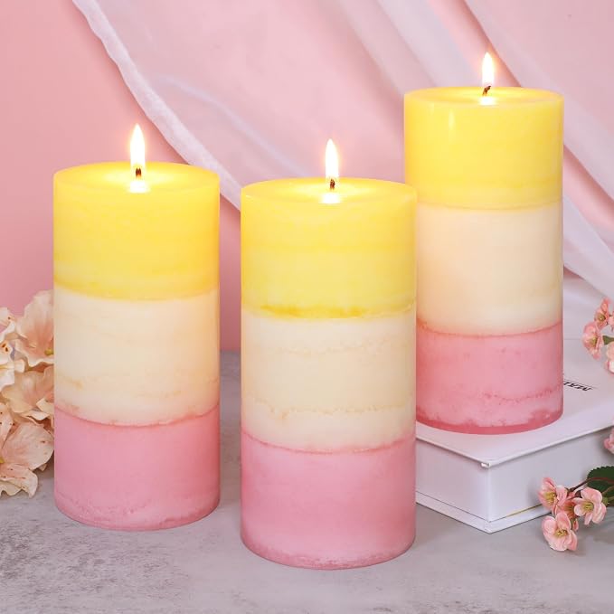 Sweet Honeysuckle Scented 3x6 Inch Pillar Candles Yellow White Pink Layered Aesthetic Decorative Home fragrances Candle for Spring Living Room Bathroom Party Decor, Set of 3