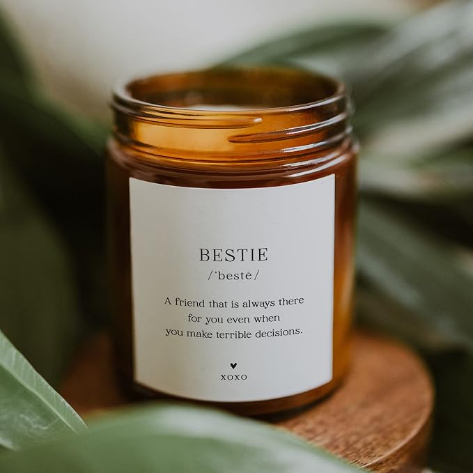 ThreeKin Bestie Candle Gift for Women. Unique Best-Friend Gifts, Lavender Handmade Scent 100% Soy Wax Perfect for Sister, Mom, Daughter, Best Friend, BFF Bday, 9oz Amber Jar, 65 Hour Burn