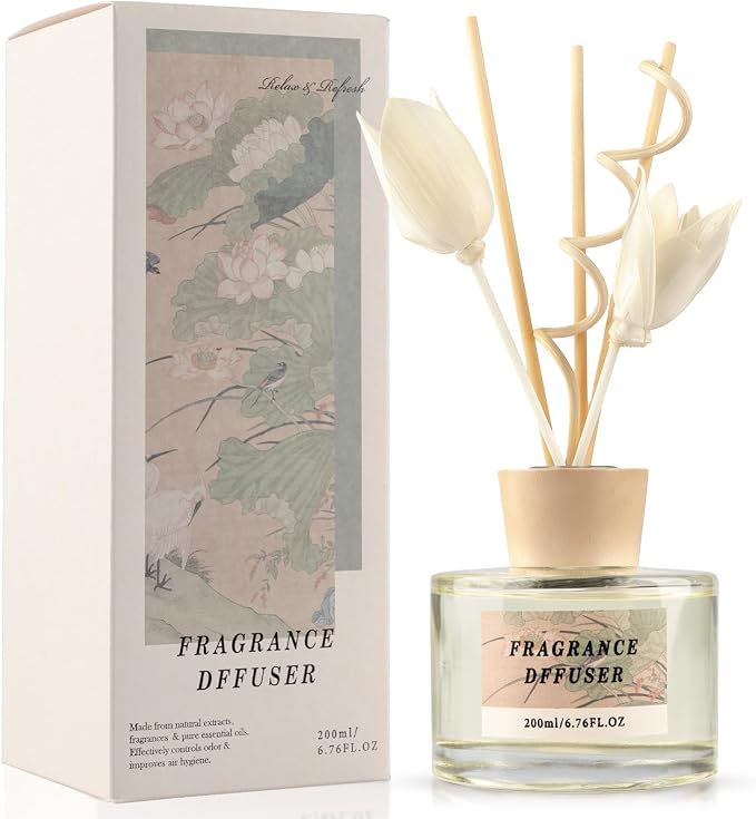 6.7 fl oz Reed Diffuser Set, Citrus Grove by the Lake Scent, Essential Oil Diffuser with Reed Sticks, Air Freshener for Home Fragrance, Bathroom Decor, Bedroom, Office Shelf Decor(200ml)