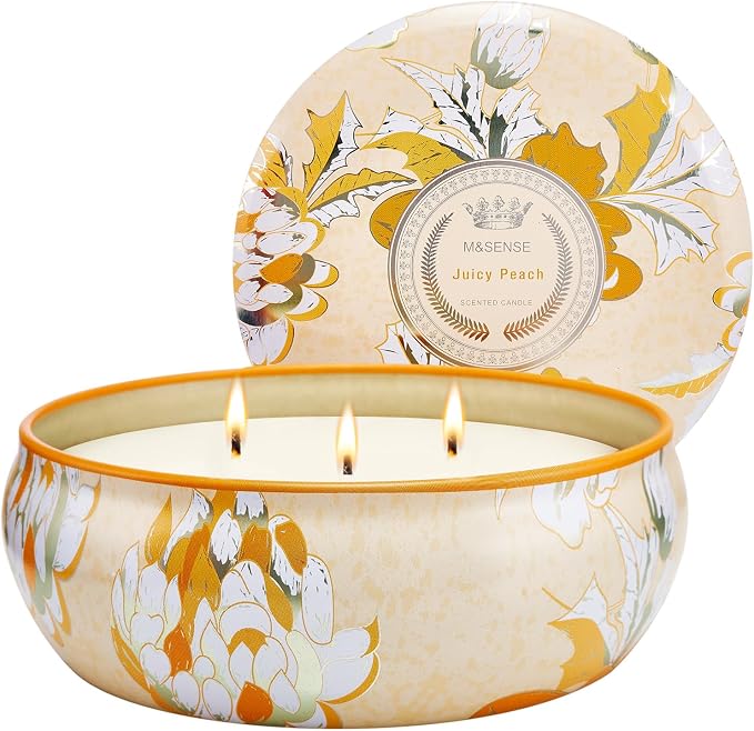 M&SENSE Peach Scented Candles 12oz 40 Hour Long Lasting, 3 Wick Soy Candles for Home Scented, Travel Tin Natural Highly Scented Candle Gift for Women Men