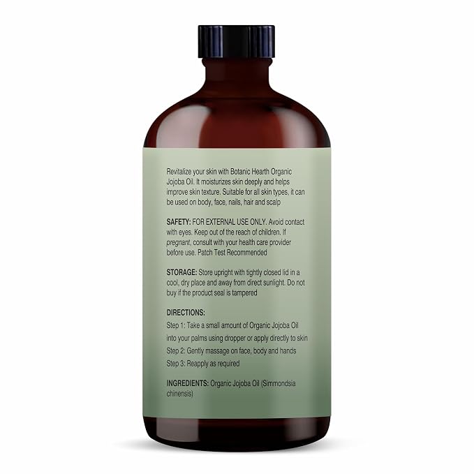 Botanic Hearth USDA Organic Jojoba Oil 4 Fl Oz |100% Pure and Natural- Cold Pressed & Hexane Free Natural Hair Growth Oil for Eyelashes, Eyebrows, Skin, Body, Face, Nails & Scalp