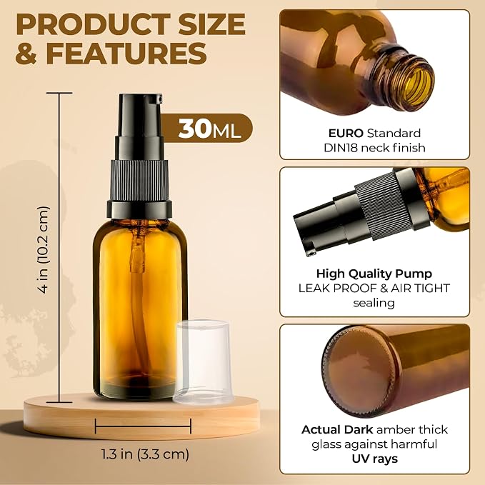 VitalUp 6 Pack, 3 30ml (1oz) & 3 15ml (0.5oz) Empty Refillable Glass Amber Pump Bottle Ideal for Lotion Cream Essential Oil Travel Small Container, Convenience Pack
