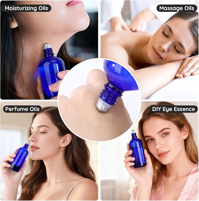 Segbeauty 3.4oz Thick Glass Roller Bottles for Essential Oils, 5pcs Blue Empty Rollerball Bottles for Oil, 100ml Refillable Roller Ball Applicator for Perfume Oil Eye Essence, Glass Roll On Bottle