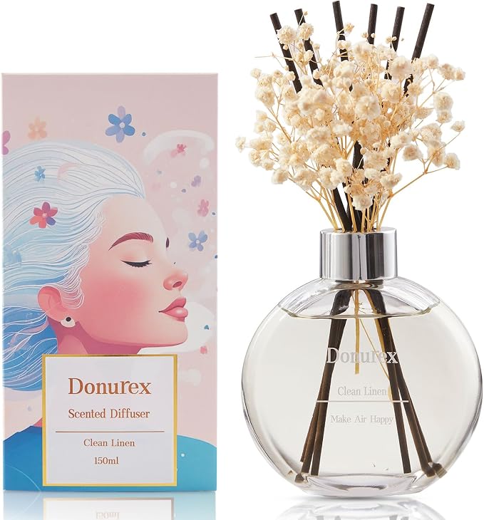 Flower Reed Diffuser Set 5.07oz Clean Linen Scent Diffuser with Sticks Home Fragrance Reed Diffuser for Bathroom Shelf Decor