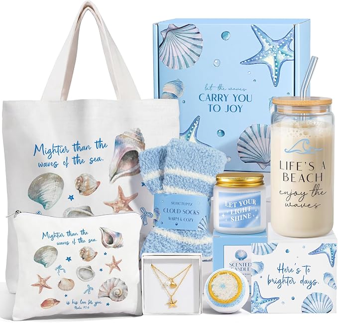 Gifts for Women, 8pcs Ocean Happy Birthday Gifts for Women, Christmas Ideas Inspirational Get Well Soon Gift Baskets Mothers Day Box w/Seashell Tote Bag for Her Mom Sister Friend Friendship
