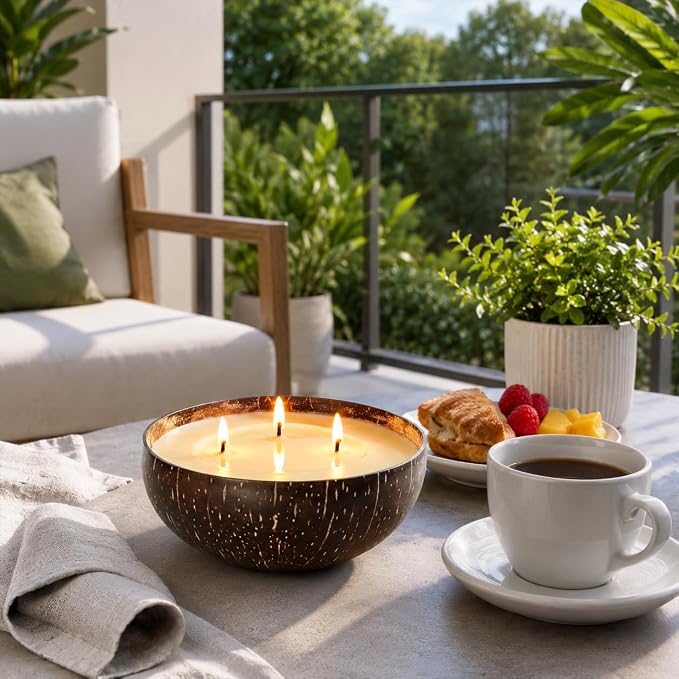 Viyffo Large Lemongrass Citronella Candles Outdoor, 3 Wick 18oz Citronella Candle Indoor, Non Toxic Soy Scented Candle, Natural Coconut Shell Jar for Patio, Garden, Backyard & Camping Décor & Gift