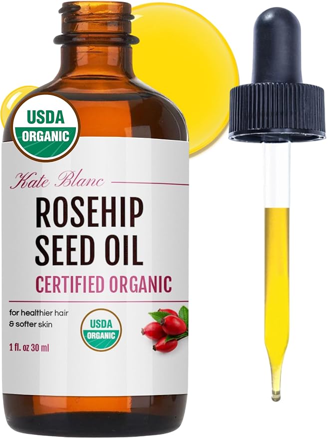 Kate Blanc Cosmetics Rosehip Seed Oil for Face, 100% Pure Organic | Cold Pressed Unrefined Rose Hip Facial Oil for Skin, Hair & Gua Sha Massage (1oz)