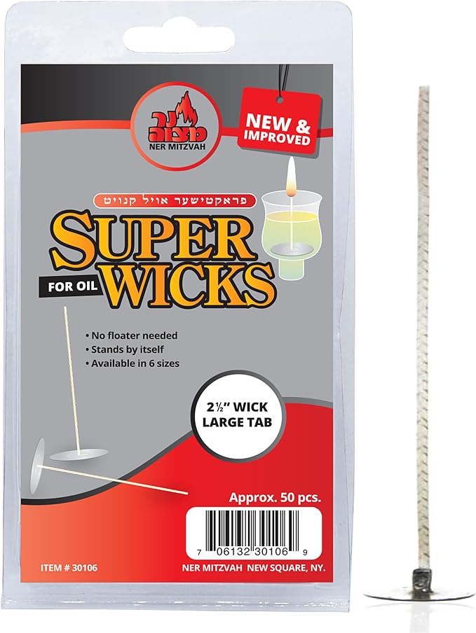 Ner Mitzvah Self Standing Cotton Wicks for Glass Oil Cup, Large Tabs, 2.5 inch Wicks, No Floater Needed, for Candle Lighting, Multipurpose (Pack of 50)