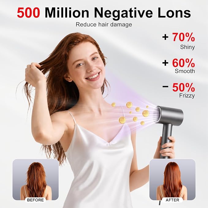 FAMOO Hair Dryer, 160,000 RPM High-Speed Ionic Blow Dryer with Diffuser and Concentrator Nozzle, 500 Million Negative Ions,Fast Drying, LED Display,Light and Quiet,For All Hair Types,For Home & Travel
