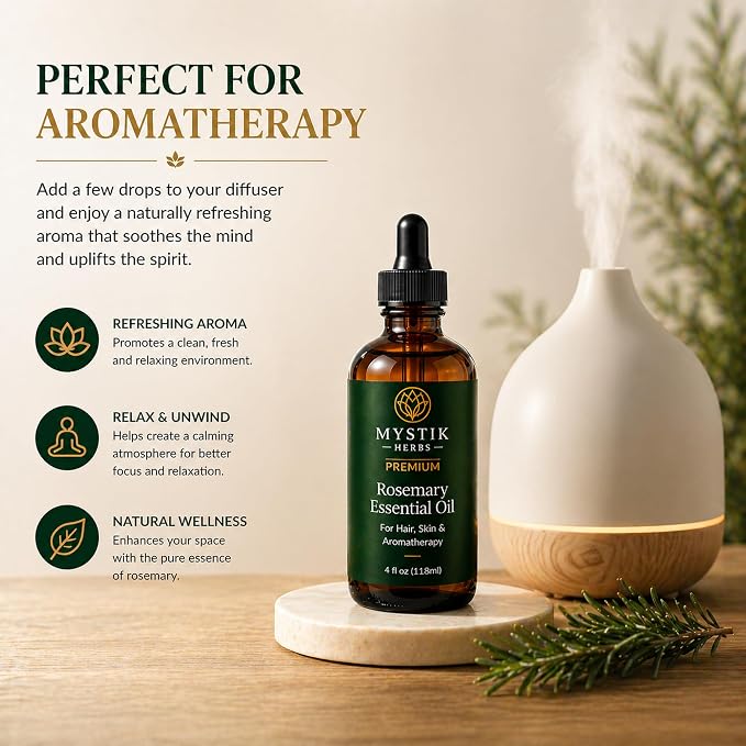 Premium Rosemary Essential Oil for Hair & Scalp, 100% Pure Undiluted Rosemary Oil for Hair Care, Skin & Aromatherapy, 4 fl oz (118ml)