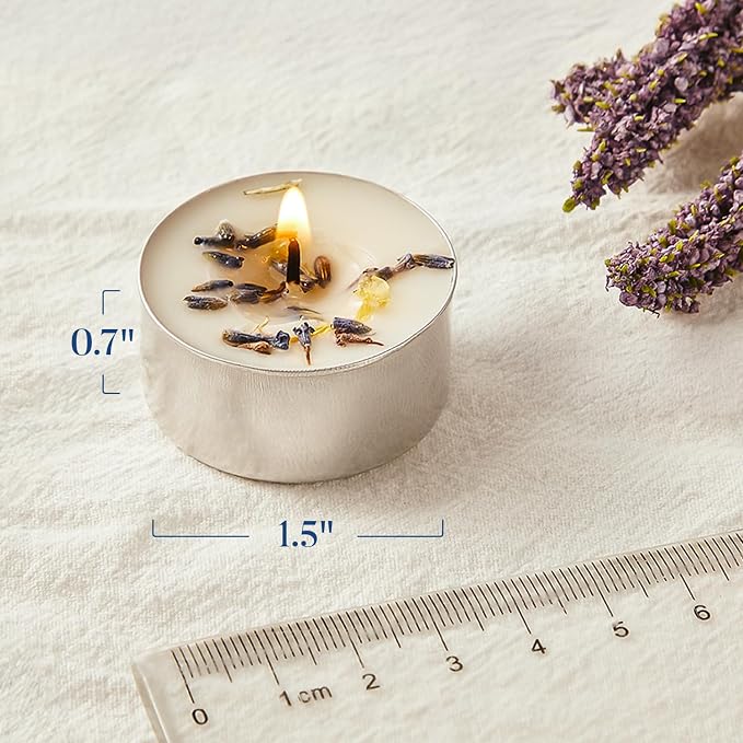 Crenovo Scented Lavender Tea Lights Candles with Dried Lavender Flowers, 48 Pcs Soy Tealight Candles, 6-7 Hours Burning Candles for Weddings, Small Tea Light for Home, Spa