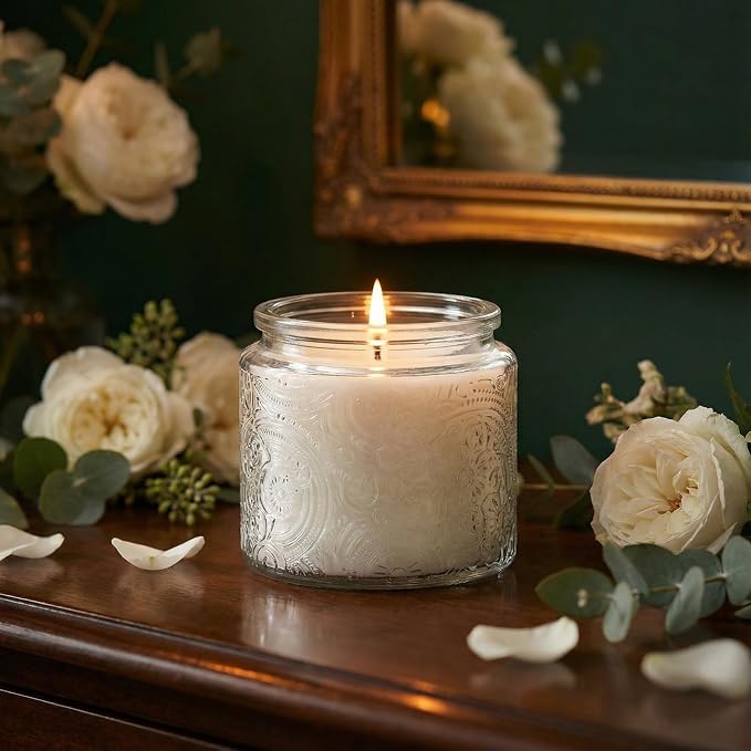 10 oz Clear Sun Moon Stars Candle Jars with Metal Lids, 9 Pack | Patented Embossed Design, Includes Wick Centering Devices & Warning Labels, Multiple Color Options