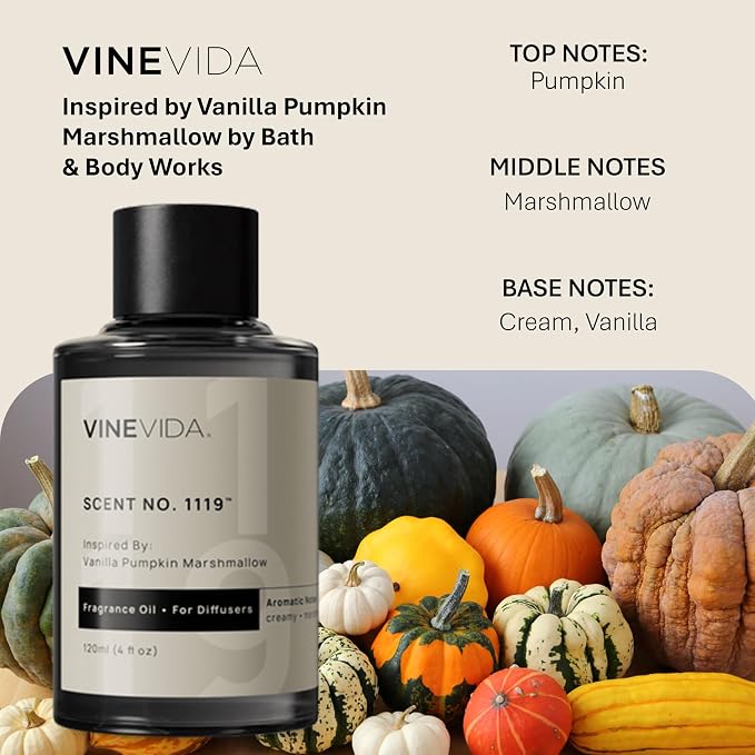VINEVIDA [4 Fl Oz] Scent NO. 1119 Fragrance Oil for Cold Air Diffusers, Aromatic Notes of Marshmallow Cream Pumpkin, Essential Oils for Diffuser Oil Refill & Air Freshener Room Spray