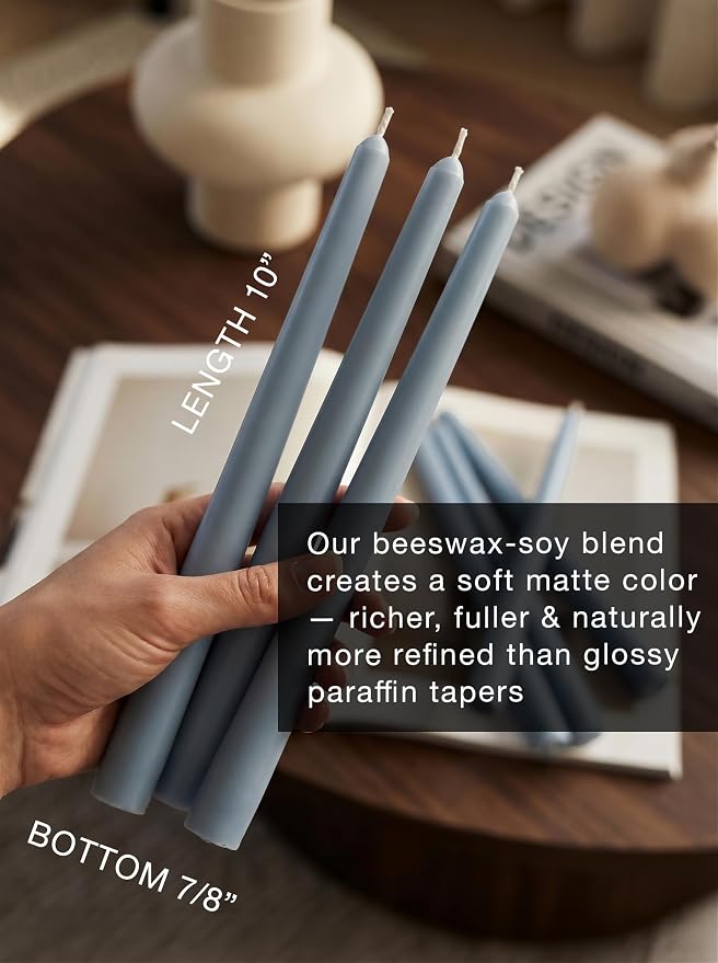 10" Classic Taper Candles, Dusty Blue, 6-Pack, 7-8 Hours Long Burning, Unscented Tall Candlesticks