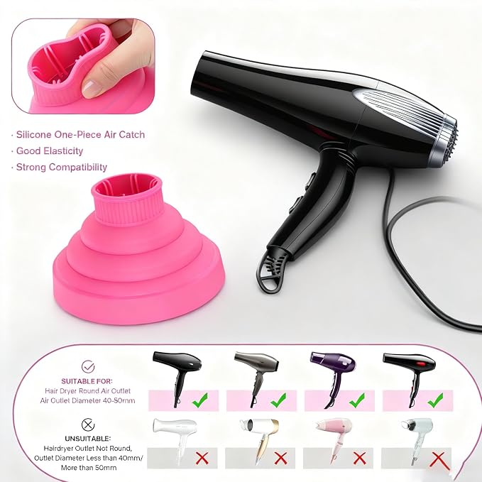 Universal Silicone Hair Dryer Diffuser Attachment, Collapsible & Portable Blow Hair Diffuser for Curly/Wavy Hair Travel Use, Lightweight Folding Fits 1.57-1.99" Nozzles for Salon Home (Rose Red)