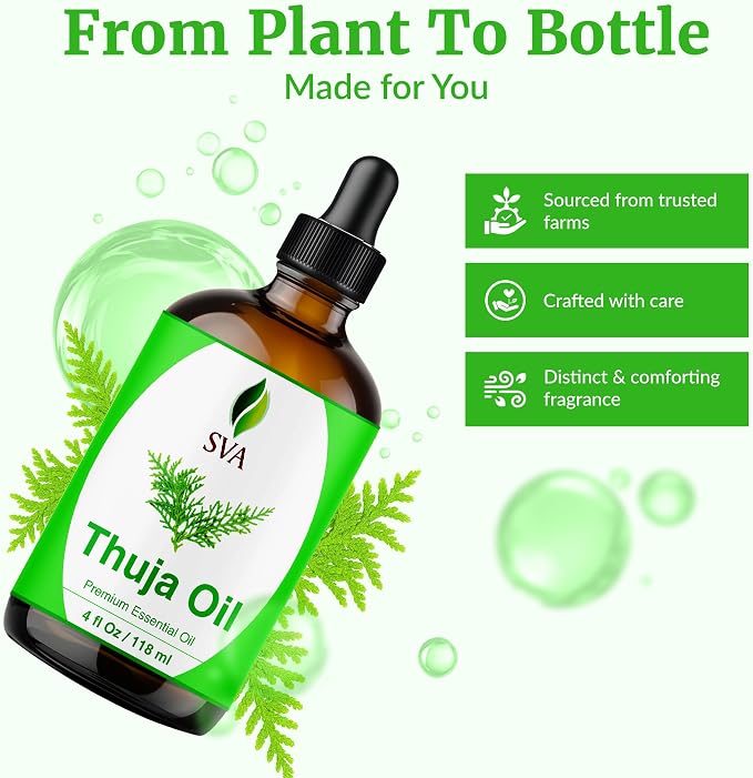 SVA Thuja Essential Oil – 4 Fl Oz – 100% Natural Thuja Oil - for Diffuser, Hair Care, Face, Skin Care, Aromatherapy, Scalp and Body Massage, Soap and Candle Making – with Dropper
