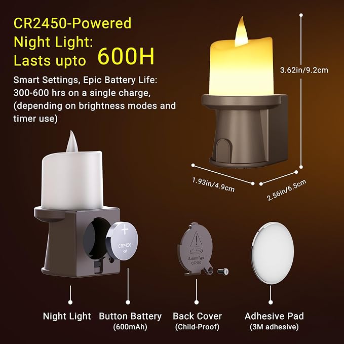 Flameless Candles Night Light with Flickering Flame, Battery Operated LED Night Light, Magnetic Attachment for Easy Placement, Realistic Candlelight for Home, Bathroom, Window Decor (Brown, 1 Pack)