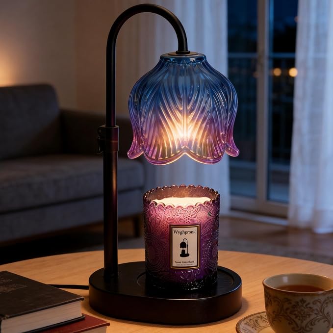 Candle Warmer Lamp with Adjustable Height - Flameless 4-Level Dimmable Wax Warmer, Timer Function & Stylish Design in Multiple Colors (Blue07)