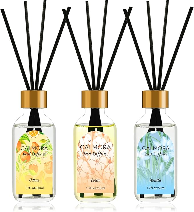 CALMORA Reed Diffuser Set of 3, 50ml Citrus/Linen/Vanilla Scented Oil Diffuser with 15 Sticks | Home Fragrance for Bedroom, Bathroom, Office & Living Room for Women Men