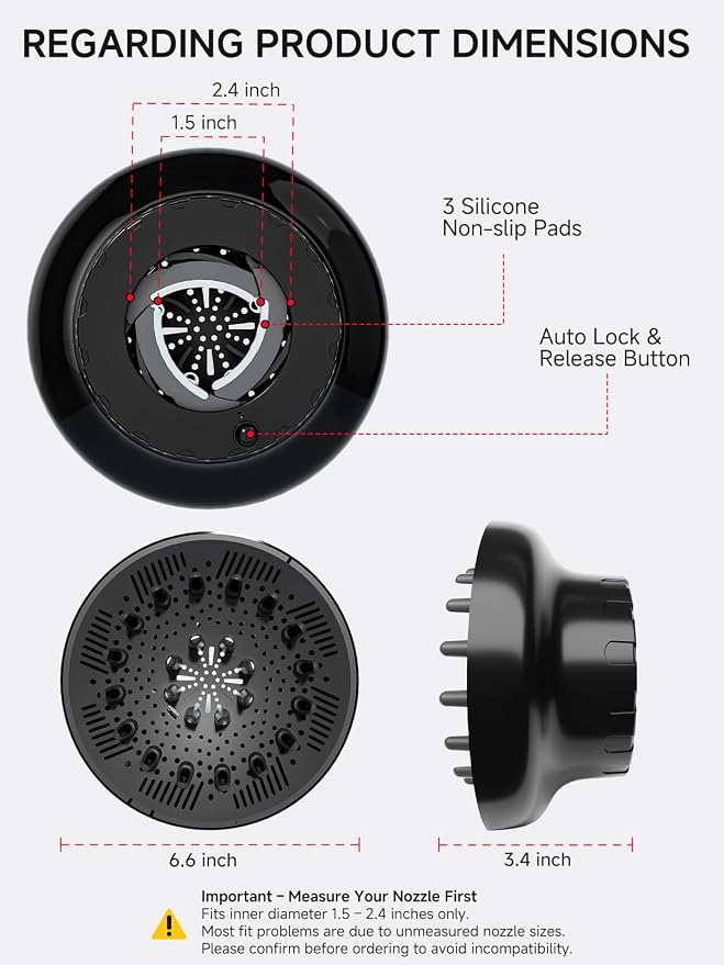 meborll Hair Diffuser, Diffuser Attachment for Hair Dryer, Hair Diffuser for Curly Hair, Universal Diffuser for 1.5-2.4" Hair Blow Dryer Long Thick Curly Wavy Hair, Hair Attchment for Women, Black