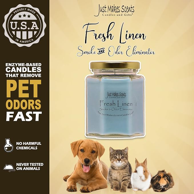 Fresh Linen Scented Smoke and Odor Eliminator Candle - Odor Eliminating Scented Candles for Home - Neutralizes Cigarette, Food, and Pet Smells - Hand Poured in The USA