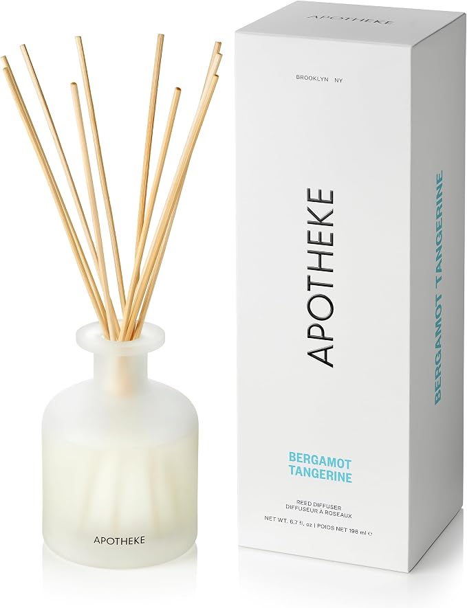 Apotheke Luxury Scented Reed Diffuser for Home, Bergamot Tangerine - 6.7 Fl Oz Essential Oil Aromatherapy - 10 Rattan Scent Sticks Room Diffuser - Long-Lasting Fragrance for Bedroom, Home, Bathroom