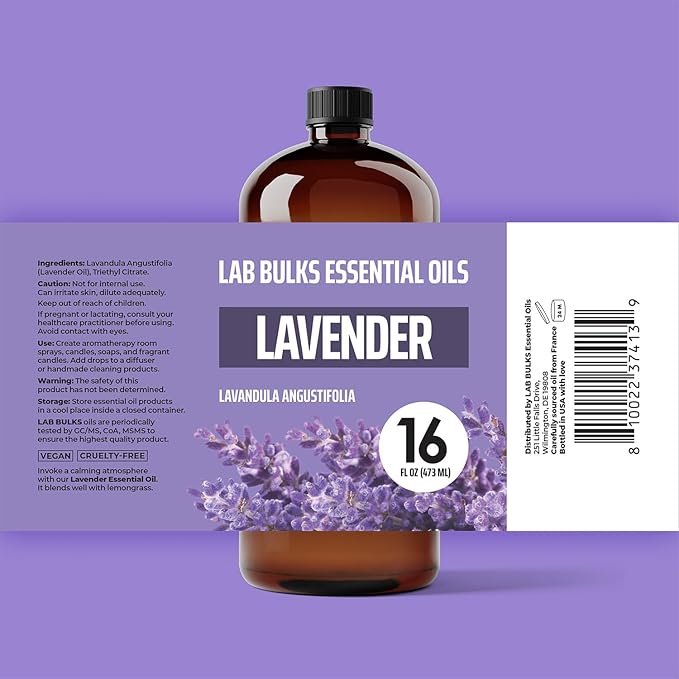 Lab Bulks Essential Oil Lavender Essential Oil 16 oz Bottle for Diffusers, Candles, & Home – Aromatherapy Oil 1 Pack