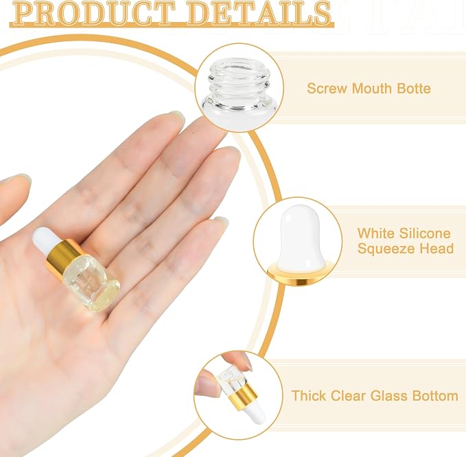 10pcs Mini Glass Dropper Bottle for Essential Oil,2ml Small Clear Sample Dropper Vails with Gold Cap,Perfume Cosmetic Liquid Containers for Traveling