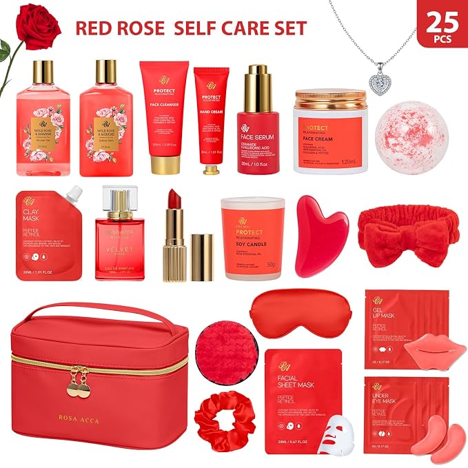 25 Pcs Mother's Day Gift, Red Rose Bath & Body Gift Basket Set for Women, Hydrating Skin Care Set, Home Spa Self Care Gifts, Cosmetic Bag, Necklace, Christmas, Birthday, Anniversary