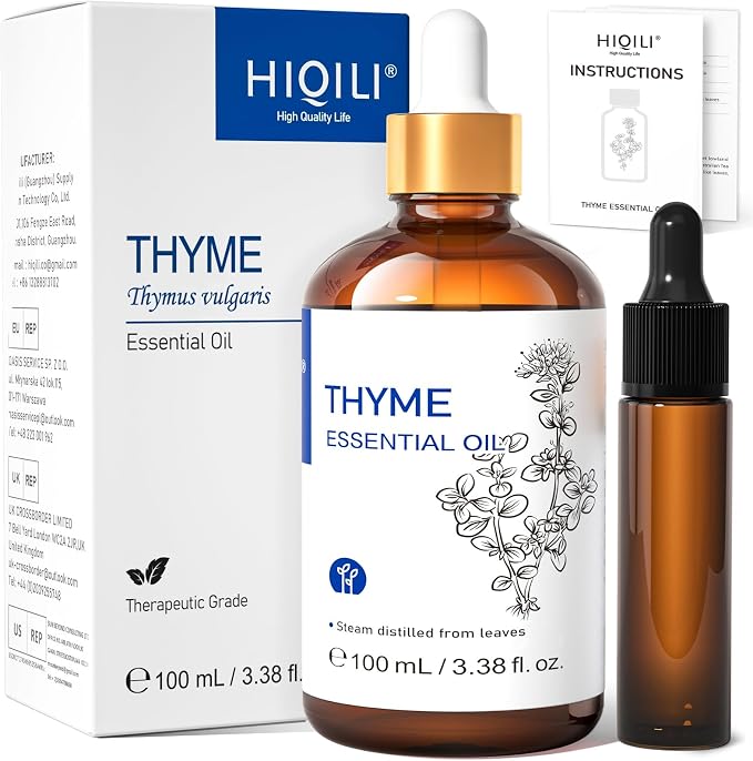 HIQILI 3.38 Fl Oz Thyme Essential Oil for Hair, Skin, Diffuser, Aromatherapy, Includes 10ML Travel Bottle - 100ML