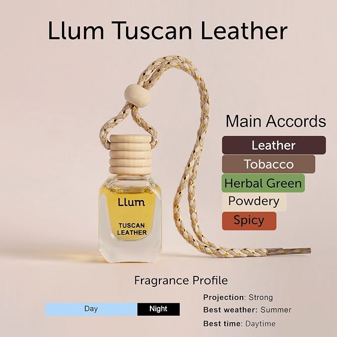 Llum Tuscan Leather Hanging Car Air Freshener – Luxury Automotive Perfume Diffuser 10ml (0.34 fl oz), Long-Lasting Fragrance, Alcohol-Free Non-Toxic Scent, Glass Bottle With Wood Cap