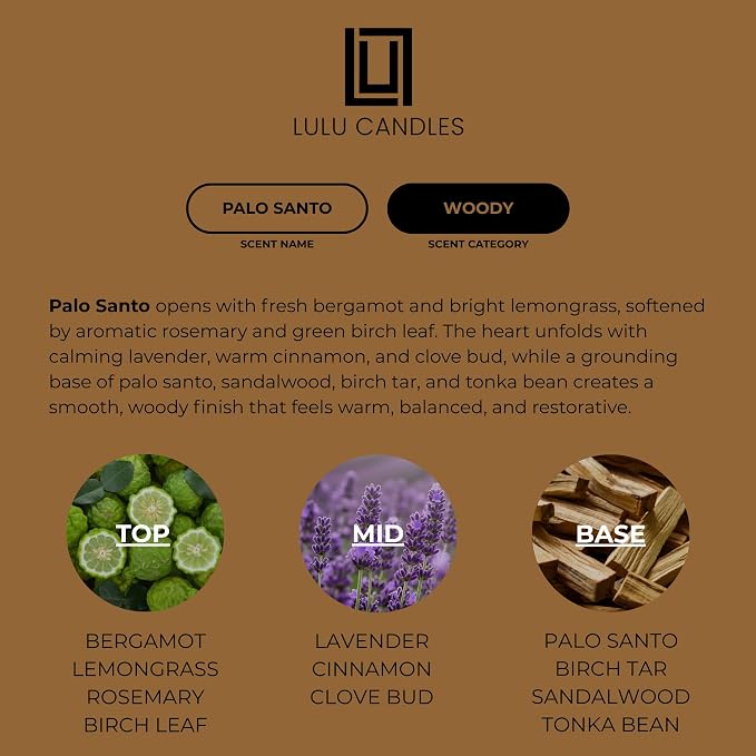 Lulu Candles | Palo Santo | Luxury Scented Soy Jar Candle | Hand Poured in The USA | Highly Scented Candles for Home Fragrance & Decor (9 Oz.)