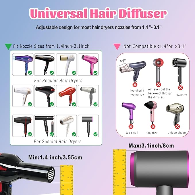 Universal Hair Diffuser for 1.4"-3.1" Blow Dryers, Diffuser Hair Dryer Attachment, Professional Hair Diffuser for Curly Wavy Long Thick Hair, Reduces Frizz & Defines Curls, Home/Travel Use, White