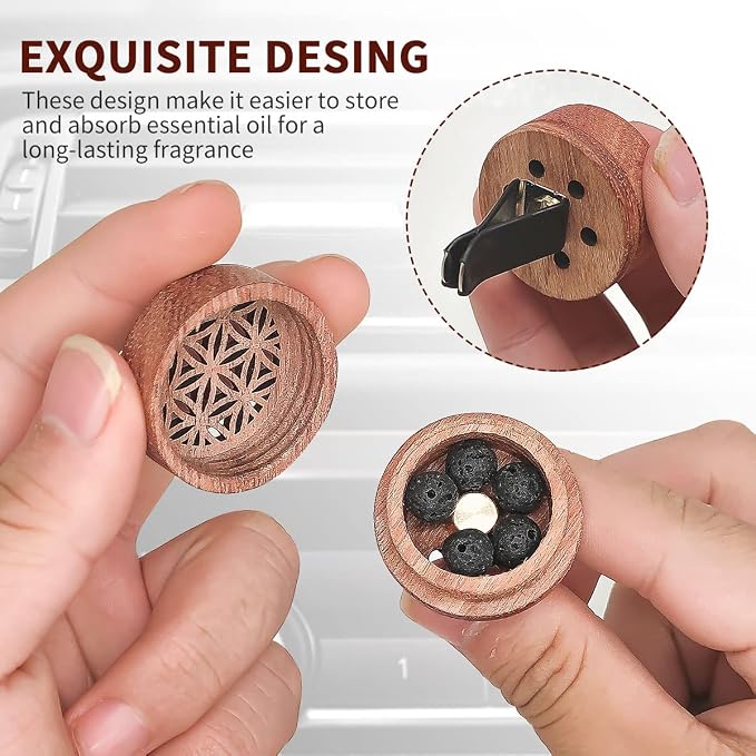 2-in-1 Car Aromatherapy Diffuser & Air Freshener, Portable Mini Wood Diffuser with Lava Stone, Essential Oil Vent Clip, 2 Charming Patterns