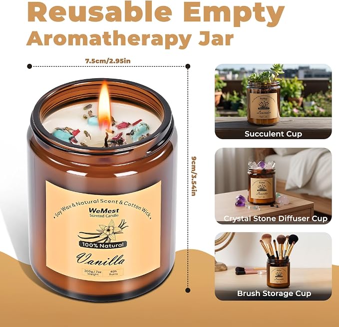 WEMEET Candles for Home Scented 2 Pack, Vanilla Scented Candle with Dried Flowers, Coconut Vanilla Soy Candles with Crystals, Candle Set for Creating a Relaxing Ambiance