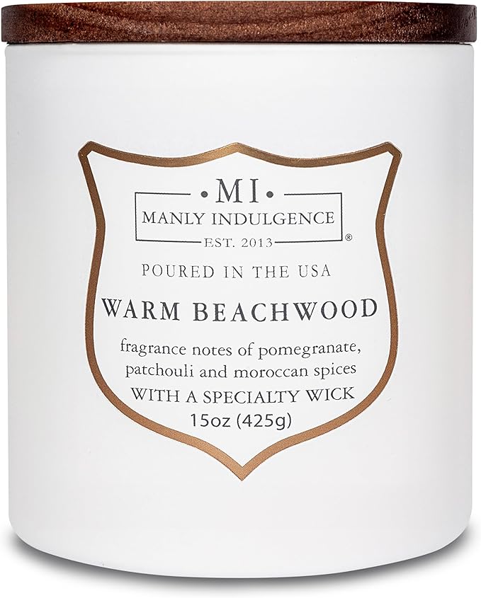 Manly Indulgence Warm Beachwood Scented Candles for Men, 15 oz Wooden Wick, Premium Soy Blend Wax, 60H Burn, Candles for Home Scented - Made in The USA