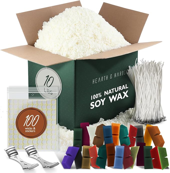 Hearth & Harbor Natural Soy Wax and DIY Candle Making Supplies - 10 Lbs Soy Candle Wax Flakes, 24 Candle Wax Dye Blocks, 100 Cotton Wicks, and 2 Metal Centering Device