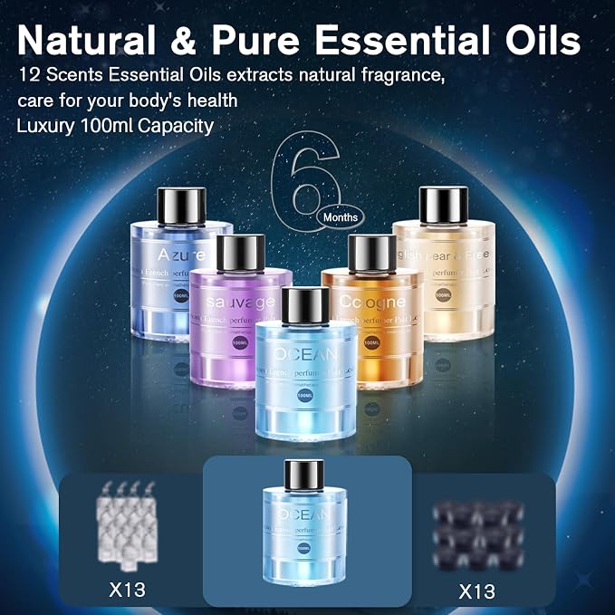 Smart Car Air Freshener, Car Air Freshener Diffuser with 100ml Perfume, Long Lasting Lasts 6 Months, RGB Music Syncing Light, Auto On/Off, 5 Adjustable Rechargeable Aroma Diffuser, Cologne