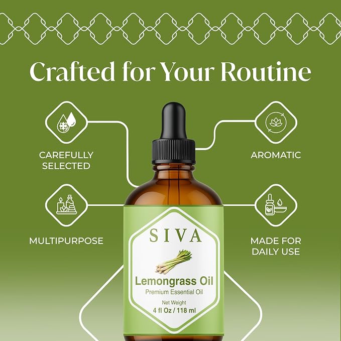 Siva Lemongrass Essential Oil 4 Fl Oz – for Diffuser, Skin & Hair Care – Ideal for Aromatherapy, Massage & DIY Blends- with Dropper