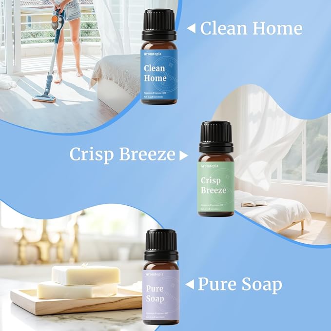 Diffuser Fragrance Oils, Aromtopia Essential Oils for Diffusers for Home, 6x10ml Fresh Home Set, Clean Scents for Candle Soap Making, Dryer Ball, Fresh Linen, Fresh Laundry, Crisp Breeze, Lemon