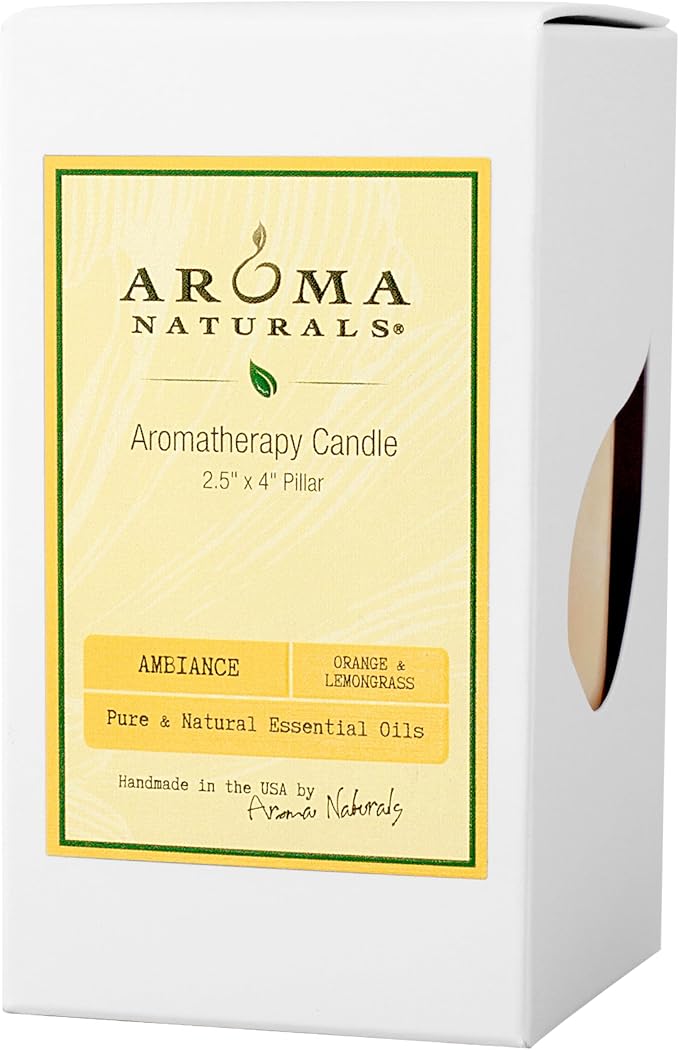 Aroma Naturals Essential Oil Orange and Lemongrass Scented Pillar Candle, Ambiance, 2.5 inch x 4 inch, Yellow