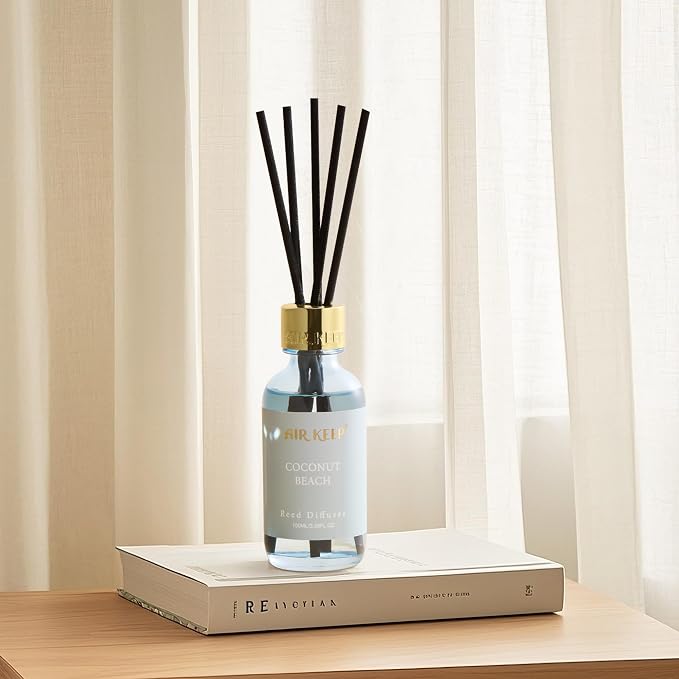 Airkeep Reed Diffuser Set, 3.38 fl oz (100 ml) - Coconut Beach Oil Diffusers with 8 Reed Sticks, Home Fragrance Reed Diffuser for Bathroom Shelf Decor