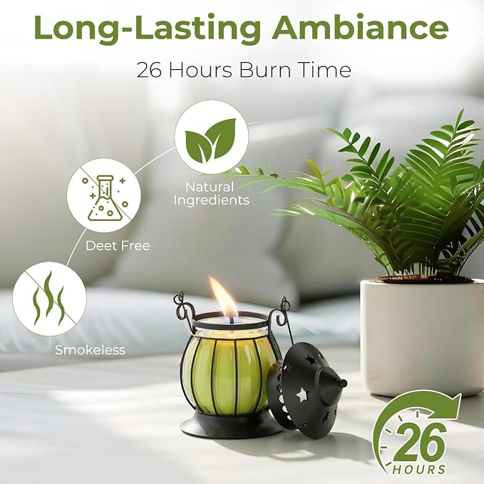 Citronella Candles Outdoor, 2 Pack 6oz Lemongrass Scented Soy Wax Candles with Vintage Metal Lantern Holder, Outdoor Candle for Patio Garden Camping Decor, Yellow Green Gift Set for Women