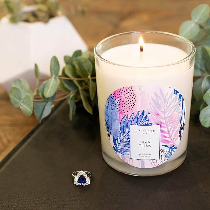 Baubles Java Plum Scented Premium Candle and Jewelry with Surprise Ring Inside | 18 oz Large Candle | Made in USA | Parrafin Free | Size 05