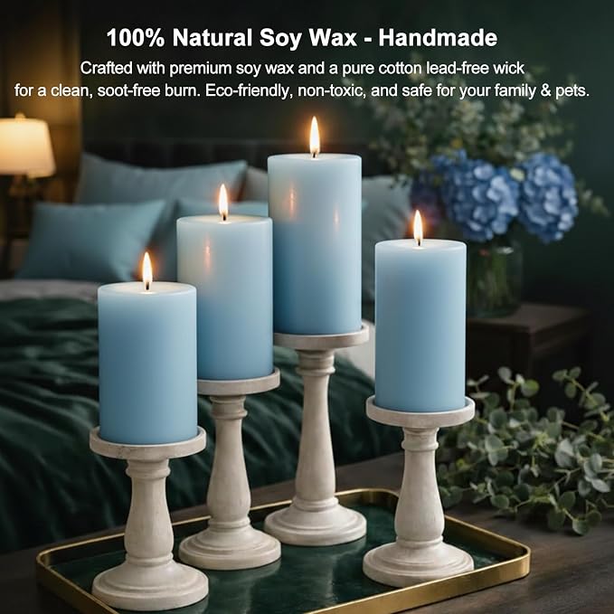 Blue Ocean Scented Pillar Candles, 3 Pack Soy Wax Pillar Candles 2 x 4 Inch, 35 Hour Long Burning Decorative Candles for Home Decor, Bathroom, Spa, Relaxation and Gifts